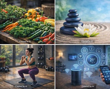 Four-panel collage: fresh vegetables, Zen stones with lotus, home workout squat, and smart home speaker with phone interface