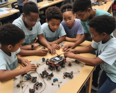 Volunteers assembling LEGO structures and setting up tables in a bright conference hall.