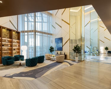 a large room with a large glass wall