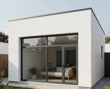 A sleek modern home front with clean lines under a bright blue sky symbolizing trust and stability.