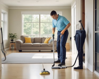 A professional cleaner carefully wiping a modern office desk with cleaning supplies nearby.
