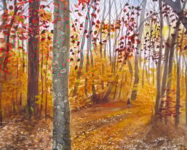 Atmospheric autumn landscape forest , serene autumn landscape in watercolor by Allison Criswell