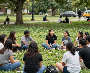 Volunteers helping organize food donations in a bustling church hall.