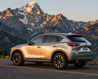 Mazda CX-5 driving through a scenic mountain road at sunset, showcasing its dynamic design and powerful stance.