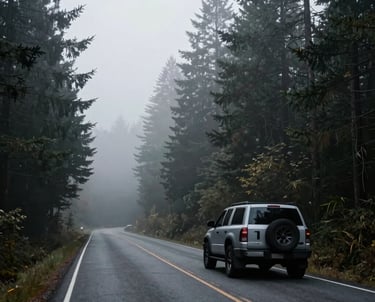 A moody wide shot of a vehicle parked on a forested road in the North American / Pacific Northwest, morning fog in white smoke and dark slate gray, pine trees in the background, cinematic and quiet.