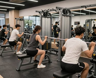 Trainer demonstrating proper lifting technique with a client in a modern gym setting.