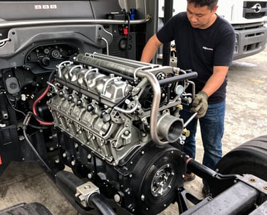 A skilled mechanic working on a large truck engine in a well-equipped garage.