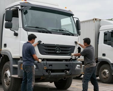 Before and after shots of a heavy-duty truck’s dented side restored to smooth finish.