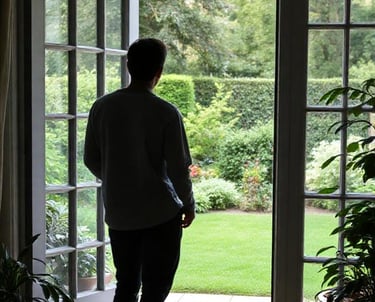 A man silhouette stands at open French doors looking out at a lush green backyard garden landscape.