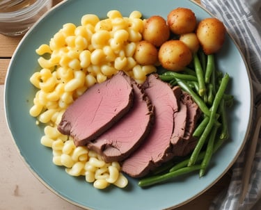 A beautifully arranged catering spread with colorful comfort food dishes.