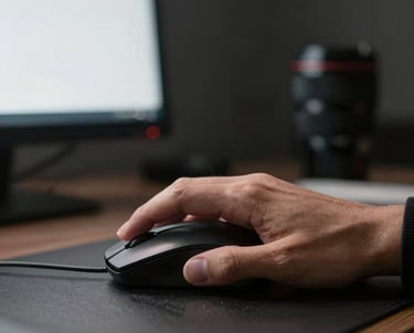 Close-up of a designer's hand using a high-precision mouse in a dark office. Subtle white light from the screen illuminates the workspace. Professional charcoal aesthetic.
