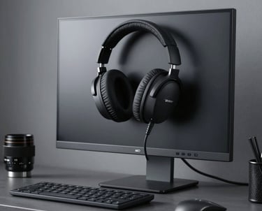Clean, organized workspace with a high-end monitor and noise-canceling headphones. Dark grey and black aesthetic, professional studio photography.