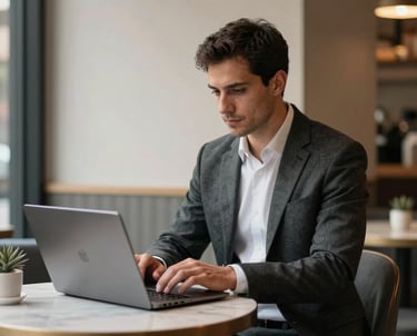 A professional man in his 30s sitting in a minimalist Turkish cafe, working on a laptop. Modern urban setting, neutral colors, natural lighting.