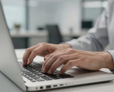 Detailed shot of professional hands typing on a high-quality laptop. Soft bokeh background of a modern office, grey and white tones, very clean look.