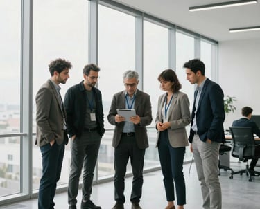 A group of professional Turkish developers in a bright, modern office with floor-to-ceiling windows. They are looking at a tablet screen together. Minimalist decor, clean lines, grey and white palette.