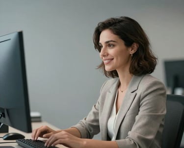 Portrait of a smiling professional woman in a modern tech office in Istanbul, looking at a screen. Soft grey background, minimalist and professional attire.