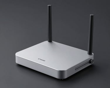 A minimalist tech gadget, like a sleek router or smart device, on a plain charcoal background. Professional studio product photography, light grey accents.
