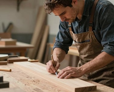 A cozy workshop with wooden furniture pieces and tools, highlighting craftsmanship.