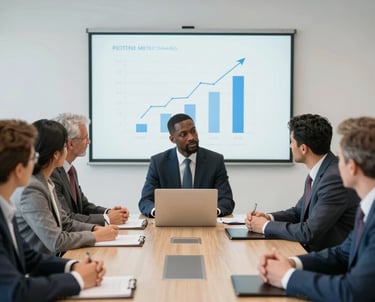 A sleek office setting with professionals discussing financial charts and innovative projects, bathed in blue and silver tones.