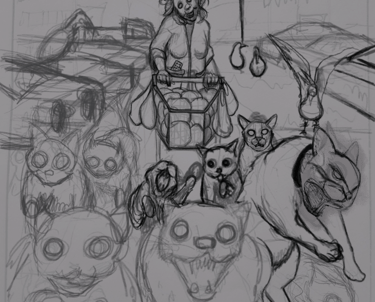 Digital sketch of "Cat Lady" a ruff drawing of an old lady with a shopping cart walking her cats, Digital By UltraVega Arts