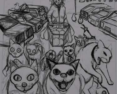 Digital sketch of "Cat Lady" a ruff drawing of an old lady with a shopping cart walking her cats,