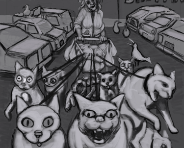 Digital sketch of "Cat Lady" a ruff drawing of an old lady with a shopping cart walking her cats, Digital By UltraVega Arts
