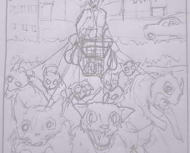 Thumbnail sketch of "Cat Lady" a ruff drawing of an old lady with a shopping cart walking her cats, By UltraVega Arts