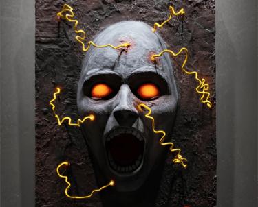 wall hanging sculpture spot lit from above, sculpture of a screaming face protruding from a textured panel with yellow bolts