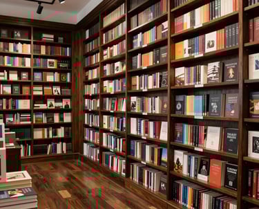 A wide-angle professional photograph of a refined bookstore interior in Maryland, featuring dark wood shelves and a classic, literary atmosphere.