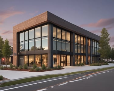 Janitorial equipment neatly arranged against a dark green backdrop with evergreen tree outlines.