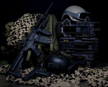 Military gear featuring an assault rifle, handgun, tactical helmets, and cases on camo netting.
