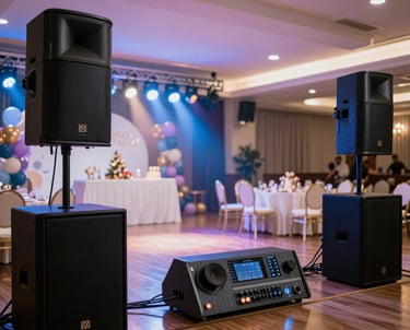 DJ setting up professional audio and lighting equipment at a small event in Pesaro.