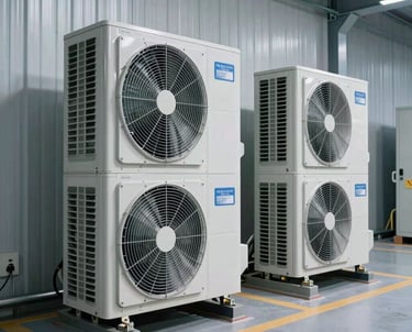 A sleek, modern North American building equipment room featuring state-of-the-art energy-efficient heating and cooling units, clean lines, professional industrial photography style.