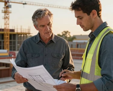 A mentor and an apprentice reviewing architectural blueprints on a North American commercial construction site, authoritative and professional composition, golden hour lighting.