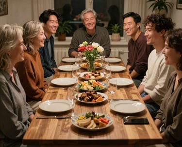 A warm kitchen scene with a chef guiding a guest through chopping fresh vegetables.