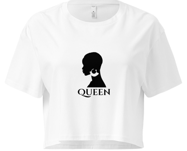 White women's crop top featuring a black silhouette of a woman with the word QUEEN.