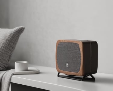 A hand holding a compact Bluetooth speaker against a vibrant city backdrop.