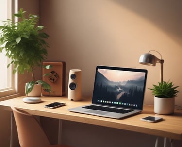 A cozy living room with a Bluetooth speaker and a robot vacuum in action.