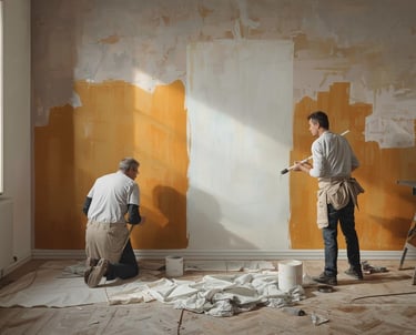 Préparation méticuleuse des murs pour un rendu lisse et uniforme.