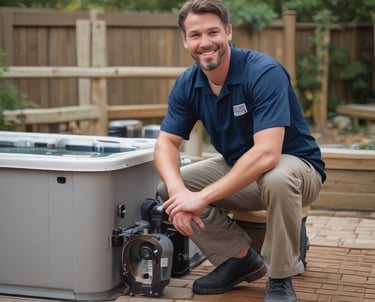 Technician repairing a pool heater with tools in a sunny backyard.