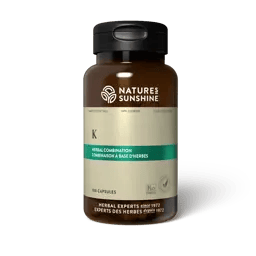 Nature's Sunshine K Herbal Combination bottle containing 100 herbal supplement capsules.