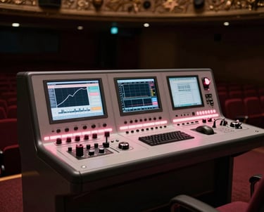 A shot of a high-tech lighting control wing in a North American / US theater, with a clean interface and muted pink accents glowing in the dark booth.