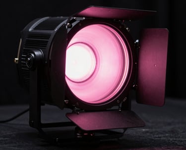 Close-up of a high-end lighting fixture projecting a crisp circular pink light onto a dark North American / US stage surface.