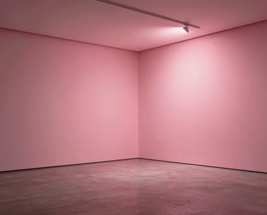 A wide photography of a modern art installation lit with shifting pink and muted rose light, showcasing professional design skills.
