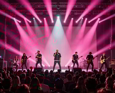 A vertical shot of a modern concert stage with vibrant pink strobe lights and dark silhouettes of North American / US performers in front of a energetic audience.
