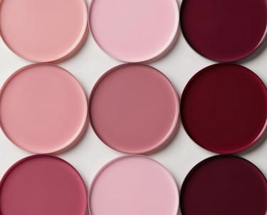 Abstract shot of various professional lighting gels in shades of rose, pink, and burgundy, arranged in a modern collage style.