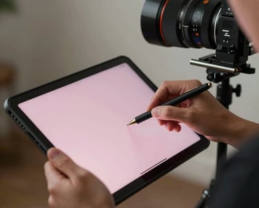 North American / US designer using a professional lighting tablet to adjust cue timings, soft pink screen reflection on their hands.
