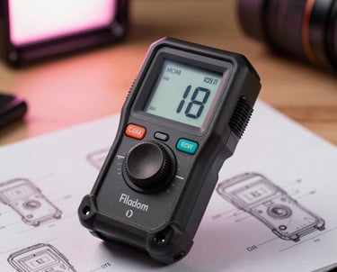 A close-up of a professional light meter and sketches for a lighting design, in a warm North American / US studio setting with pink light accents.