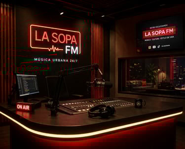Modern radio studio setup for La Sopa FM with microphone, mixing console and neon lighting