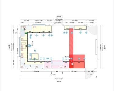 Detailed floor plan diagram showing measurements and layout for a kitchen design in Iffley.